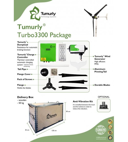 Tumurly® Turbo3300 - 3300W Yatay Rüzgar Türbini + Şarj Kontrol Cihazı + Dumpload